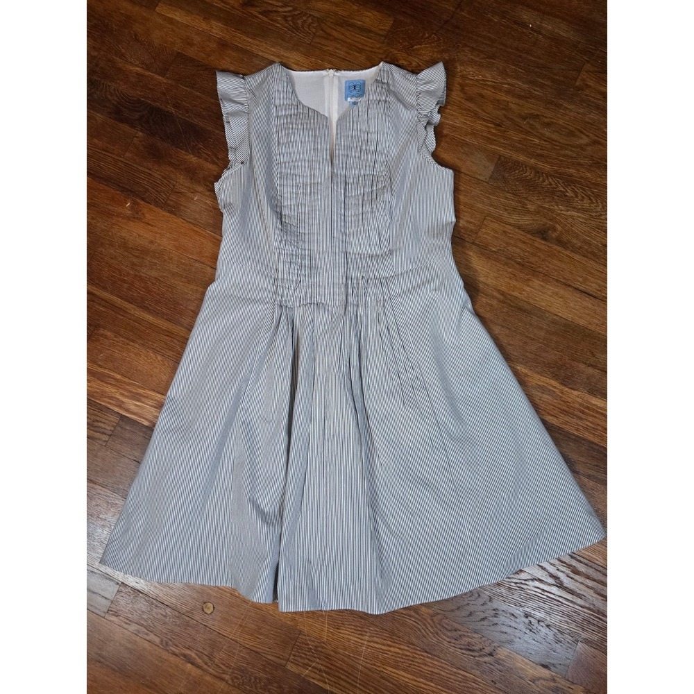 CeCe Womens Blue White Striped Seersucker Ruffle Fit Flare Dress Size 10